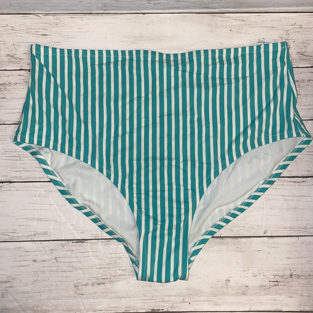 Kona Sol Bikini Bottom Womens XL Green White Stripe Hipster Swim NEW Target XL